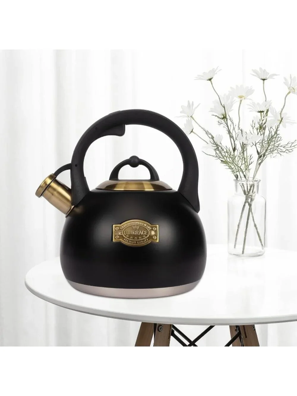 Black Kitchen Whistling Tea Kettle 3.1 Quart Stainless Steel Stovetop Tea Pot
